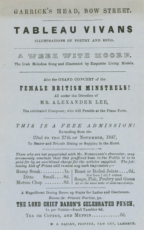 Annuncio per Tableau Vivans, illustrazioni di poesia e canzoni, Garricks Head, Bow Street, Londra da English School
