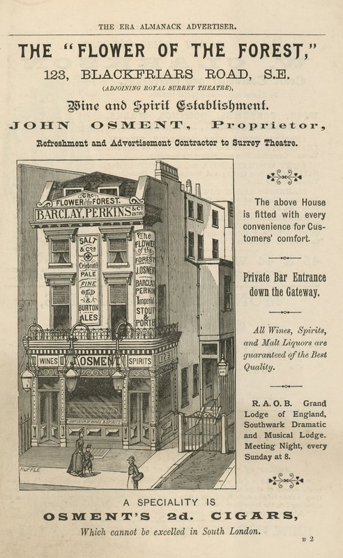 Pubblicità per The Flower of the Forest, 123 Blackfriars Road, Londra da English School