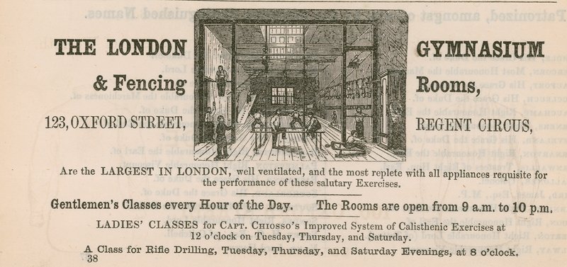Pubblicità per la London Gymnasium & Fencing Rooms, 123 Oxford Street, Regent Circus da English School