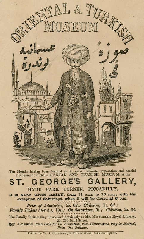 Pubblicità per The Oriental and Turkish Museum alla St Georges Gallery, Hyde Park Corner, Piccadilly, Londra da English School