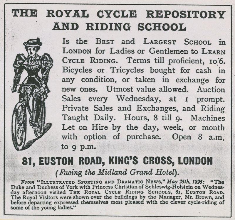 Pubblicità per il Royal Cycle Repository e la Scuola di Equitazione da English School
