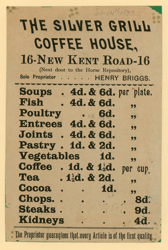 Pubblicità per The Silver Grill Coffee House, 16 New Kent Road, Londra da English School