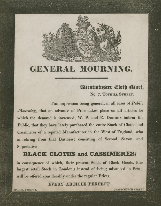 Pubblicità per W P e E Dudden, Westminster Cloth Mart, 7 Tothill Street da English School