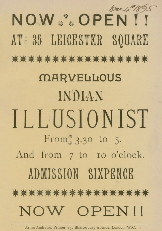 Pubblicità per un illusionista indiano che appare al 35 Leicester Square, Londra da English School
