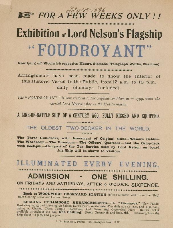 Annuncio per una mostra della nave ammiraglia di Lord Nelson, Foudroyant da English School