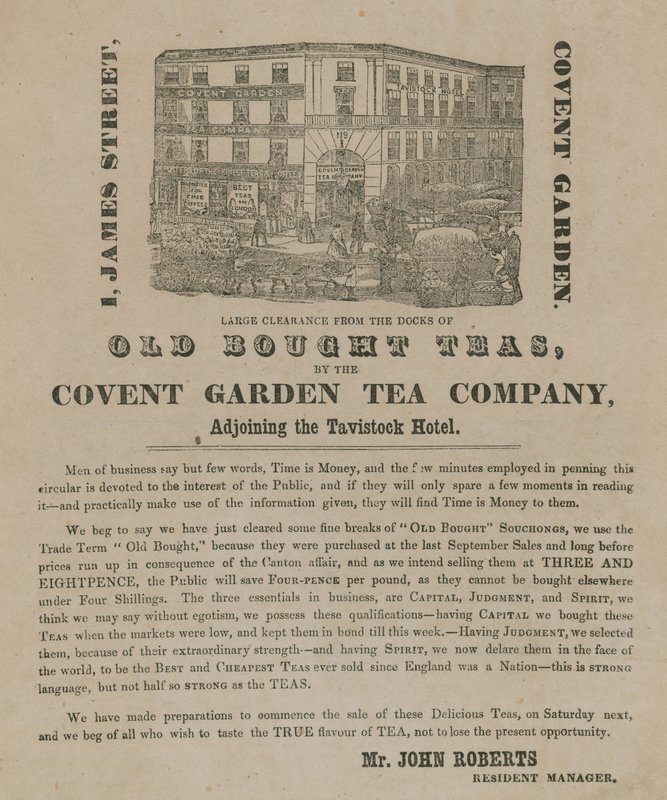 Pubblicità per tè vecchi acquistati dalla Covent Garden Tea Company da English School