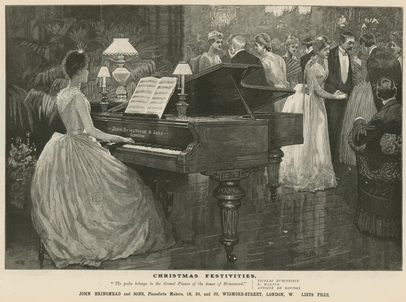 Pubblicità per il fabbricante di pianoforti John Brinsmead and Sons, Wigmore Street, Londra da English School