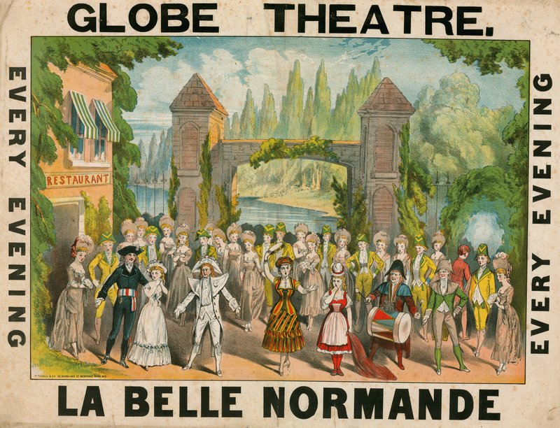 Annuncio per il Globe Theatre, Londra, per La Belle Normande da English School