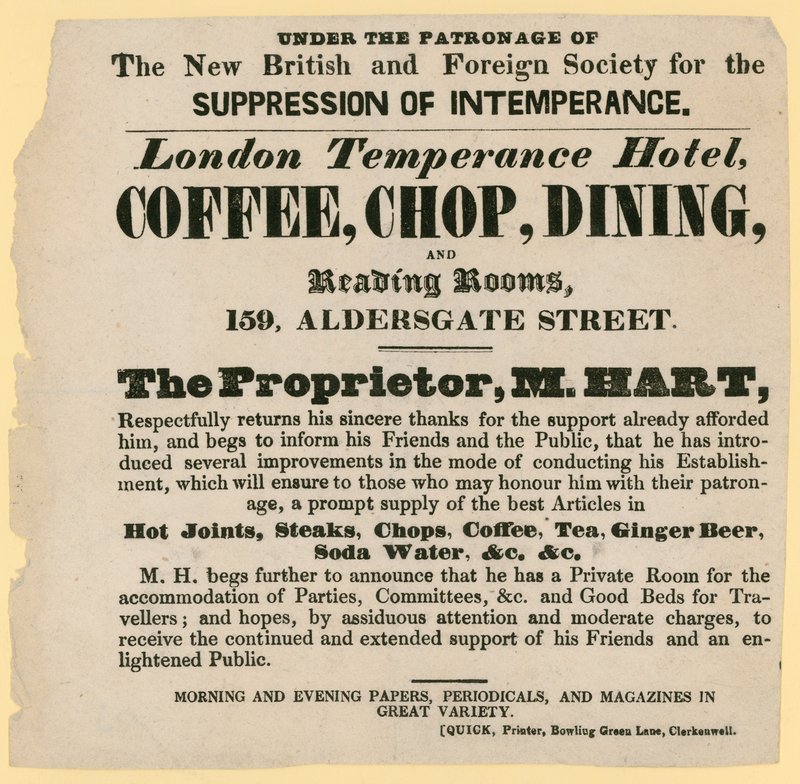 Pubblicità per il London Temperance Hotel, sotto il patrocinio della New British and Foreign Society for the Suppression of Intemperance da English School