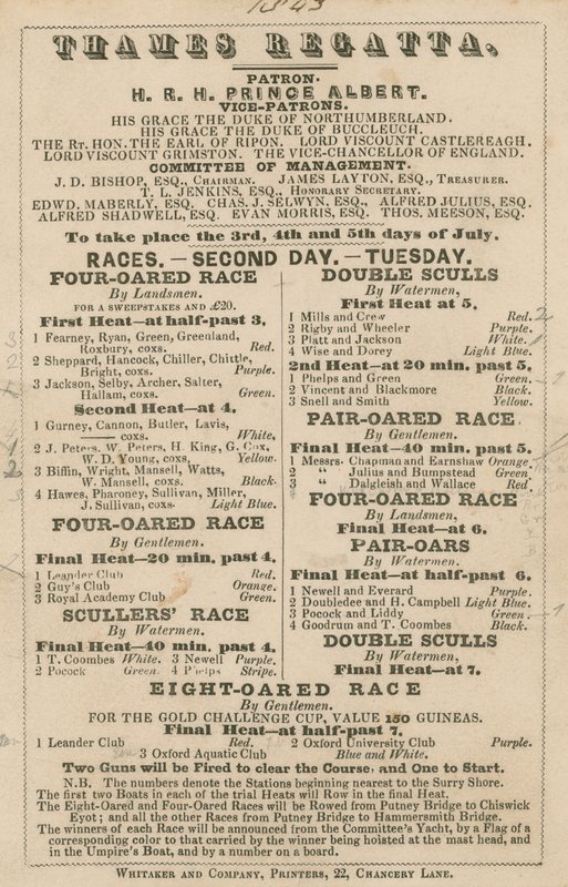 Annuncio per la Regata del Tamigi, 1843 da English School