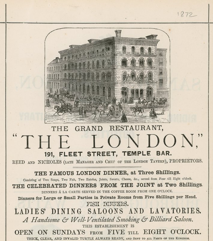 Pubblicità per il grande ristorante The London, 191 Fleet Street, Temple Bar da English School