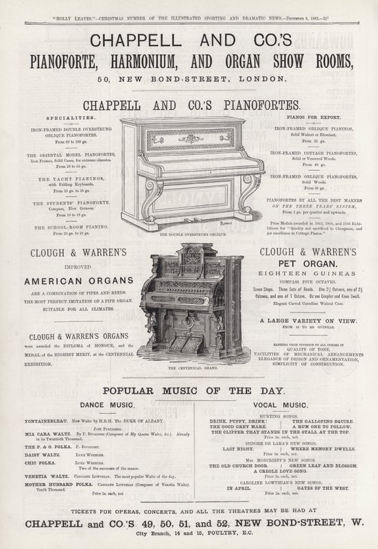 Pubblicità per le Sale Espositive di Pianoforti, Harmonium e Organi di Chappell e Co da English School