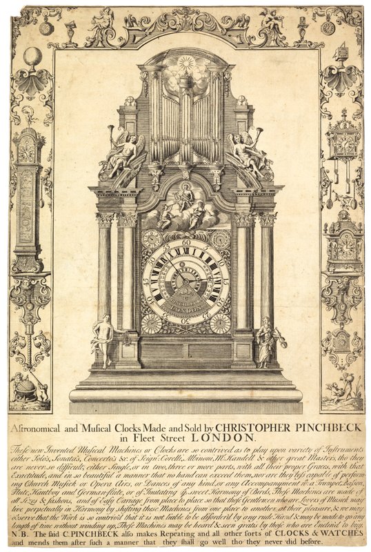 Pubblicità per gli orologi astronomici e musicali di Christopher Pinchbeck da English School