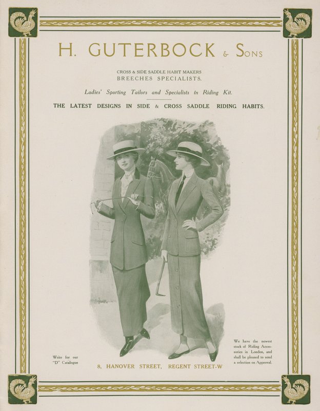 Pubblicità per H Guterbock & Sons, sarti sportivi per signore e specialisti in abbigliamento da equitazione da English School