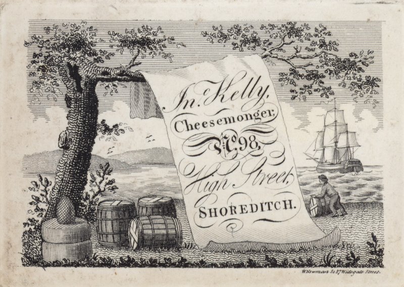 Pubblicità per John Kelly, venditore di formaggi, 98 High Street, Shoreditch, Londra da English School
