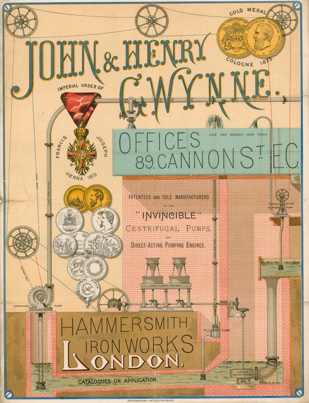Pubblicità per John e Henry Gwynne, 89 Cannon Street, Londra, produttori della pompa centrifuga Invincible da English School