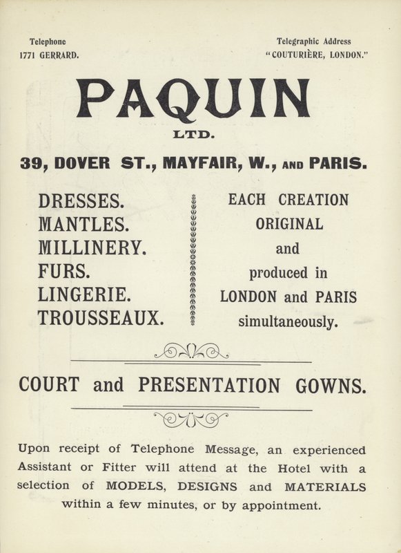 Pubblicità per Paquin, sartoria da English School