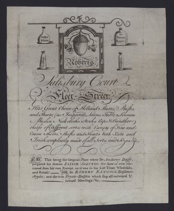 Pubblicità per Roberts, mercanti di stoffe, Salisbury Court, Fleet Street, Londra, dove il Dr. Anthony Daffy preparava il suo Elixir Salutis da English School