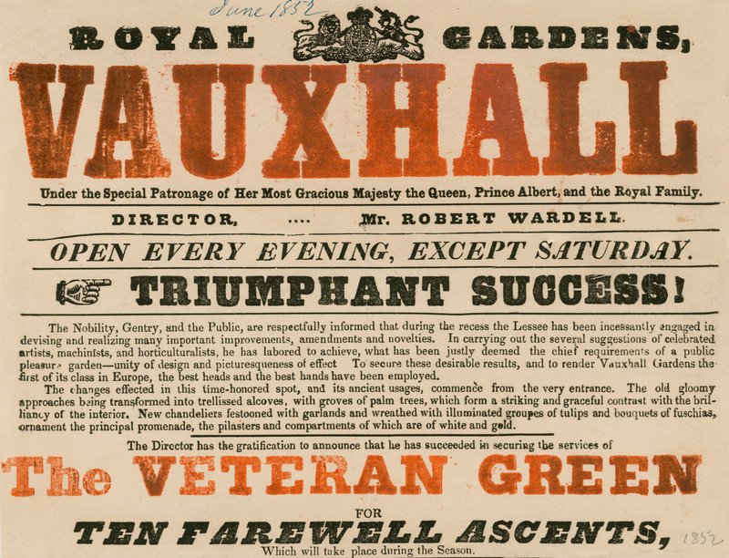 Annuncio per il Royal Garden, Vauxhall; Vauxhall Gardens, Londra da English School