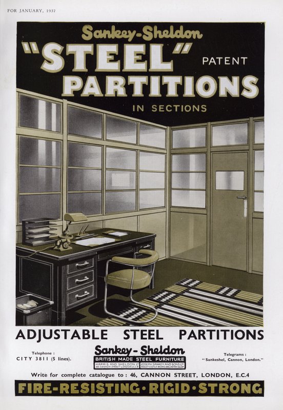 Pubblicità per le partizioni in acciaio Sankey-Sheldon, 1937 da English School