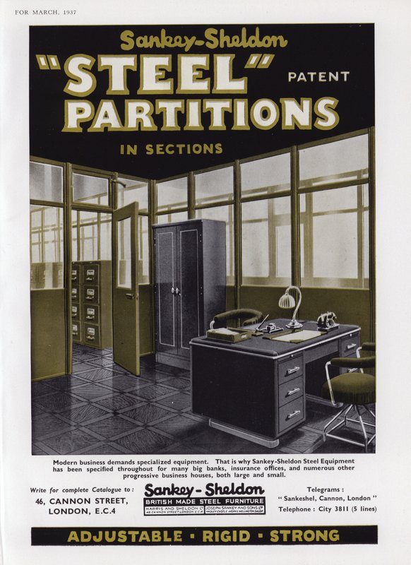 Pubblicità per le partizioni in acciaio Sankey-Sheldon, 1937 da English School