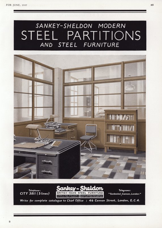 Pubblicità per le partizioni in acciaio Sankey-Sheldon, 1937 da English School