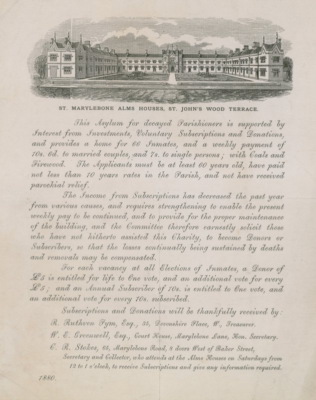 Pubblicità per le case di beneficenza di St Marylebone da English School
