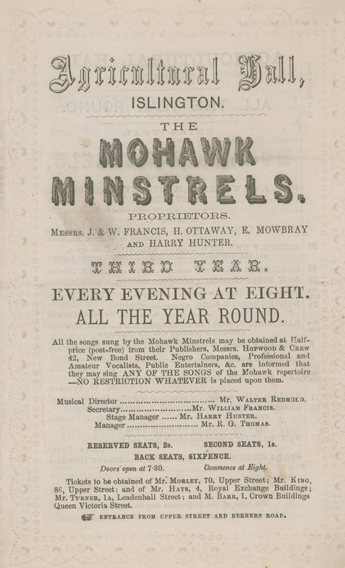 Pubblicità per i Mohawk Minstrels alla Sala dell