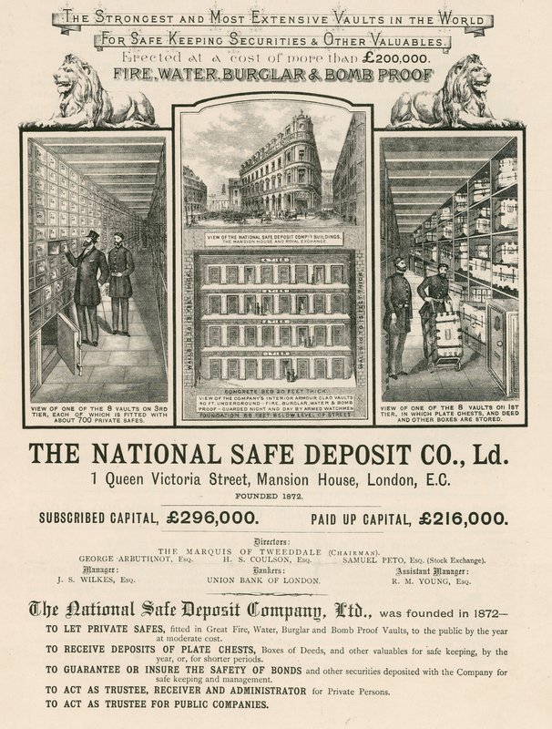 Pubblicità della National Safe Deposit Company, 1 Queen Victoria Street, Mansion House, Londra da English School