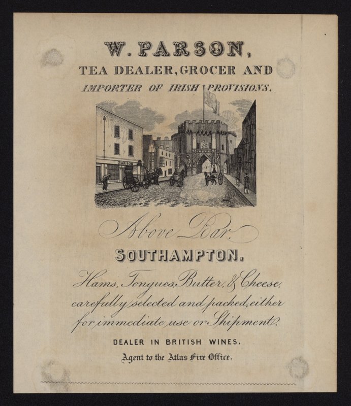 Pubblicità per W Parson, commerciante di tè, droghiere e importatore di prodotti irlandesi, Southampton, Hampshire da English School