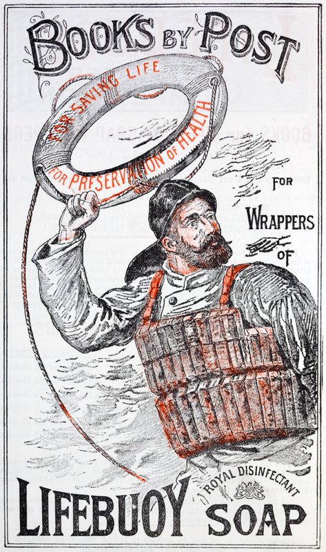 Pubblicità per libri per corrispondenza in cambio di raccogliere le confezioni di sapone Lifebuoy da English School