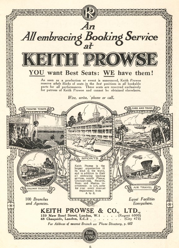 Pubblicità per i servizi di prenotazione biglietti di Keith Prowse & Co, Ltd da English School