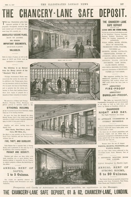 Pubblicità per il Chancery Lane Safe Deposit, 61-62 Chancery Lane, Londra da English School