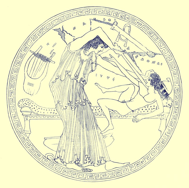 Aedon uccide Itys, illustrazione da "Dipinti di Vasi Greci" di J. E. Harrison e D. S. MacColl, pubblicato 1894 da English School