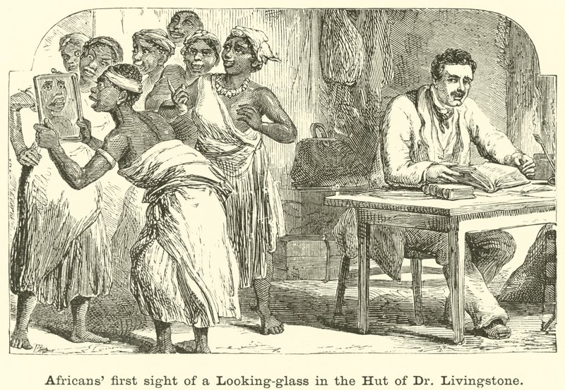 Africani alla prima vista di uno specchio nella capanna del Dr Livingstone da English School