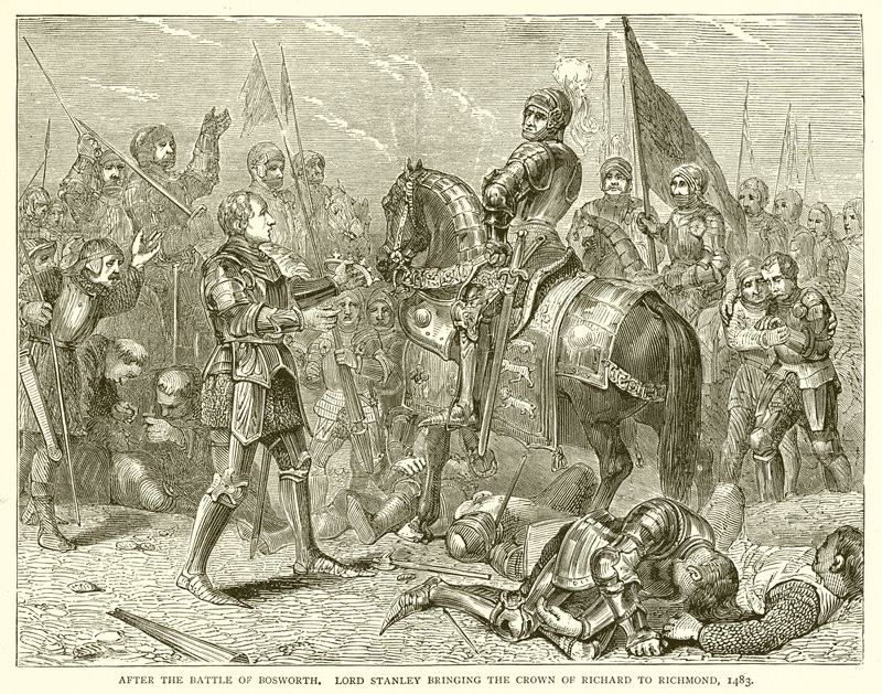 Nach der Schlacht von Bosworth. Lord Stanley bringt die Krone von Richard zu Richmond, 1483 von English School