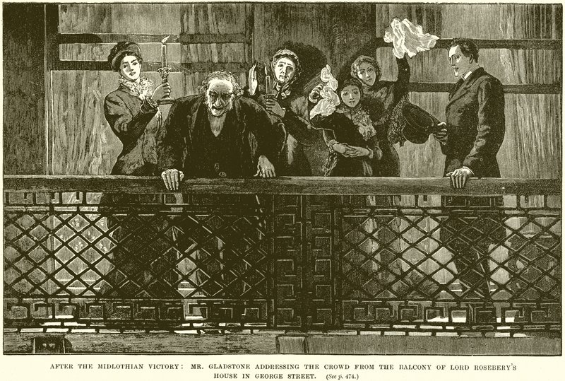Dopo la vittoria del Midlothian: il signor Gladstone che si rivolge alla folla dal balcone della casa di Lord Rosebery in George Street da English School