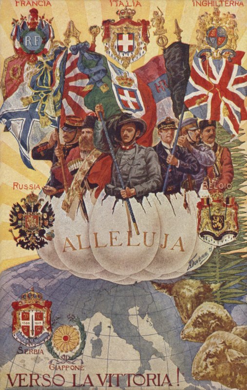 Soldati alleati che alzano le bandiere (litografia a colori) da English School
