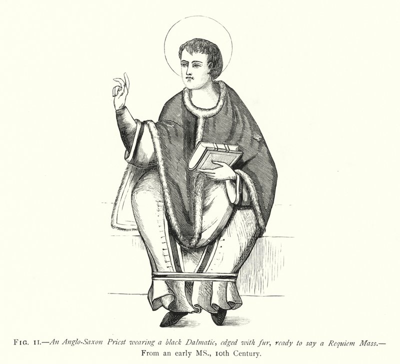 Un sacerdote anglosassone che indossa una dalmatica nera, bordata di pelliccia, pronto a celebrare una Messa di Requiem da English School