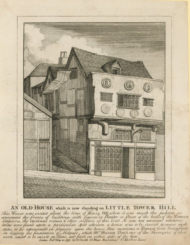 Una vecchia casa che ora si trova su Little Tower Hill, Londra da English School