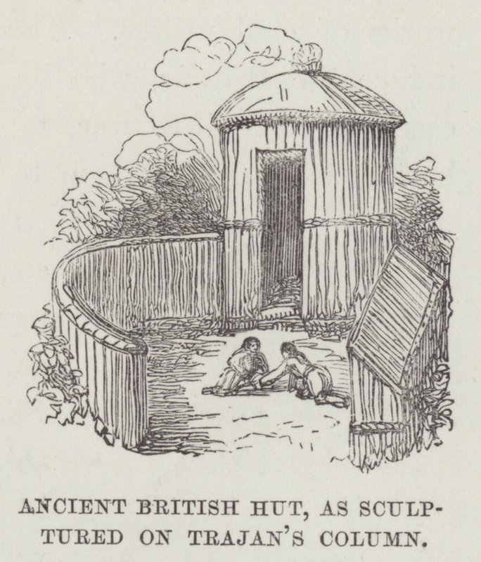Capanna britannica antica, scolpita sulla Colonna di Traiano (incisione) da English School