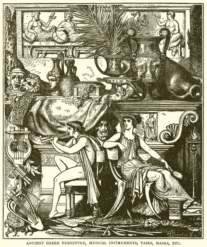 Mobili antichi greci, strumenti musicali, vasi, maschere, ecc. (incisione) da English School