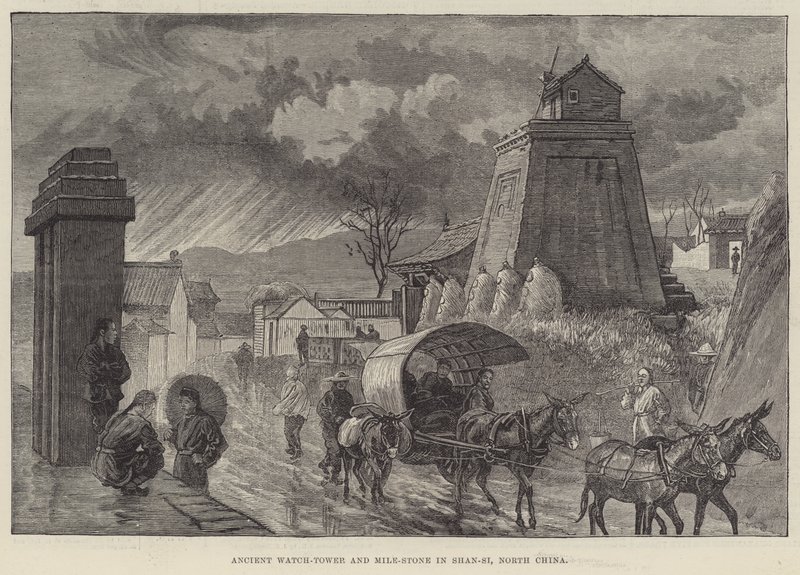 Antica torre di guardia e pietra miliare a Shan-si, Cina del Nord da English School