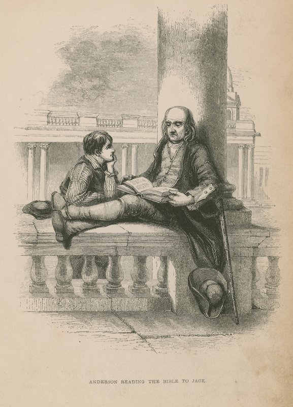 Anderson legge la Bibbia a Jack; illustrazione da Poor Jack di Frederick Marryat da English School