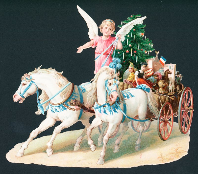 Angelo a cavallo che consegna regali, biglietto di Natale da English School