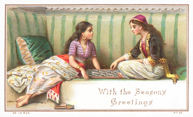 Donne arabe che giocano a un gioco da tavolo, cartolina di Natale da English School