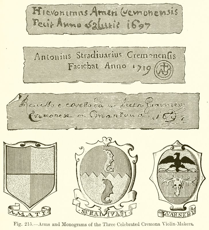 Stemma e monogrammi dei tre celebri liutai di Cremona da English School