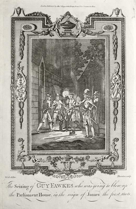 Arresto di Guy Fawkes per aver tentato di far saltare in aria le Camere del Parlamento nella Congiura delle Polveri, 5 novembre 1605 da English School