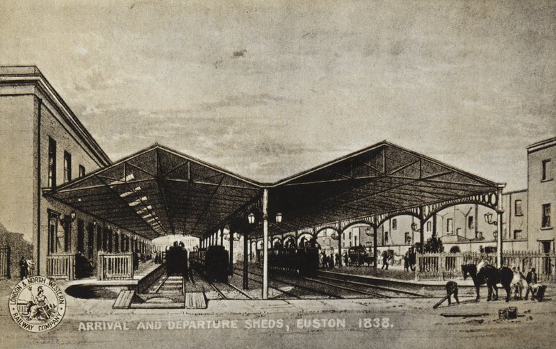 Capannoni di Arrivo e Partenza, Euston 1838 da English School