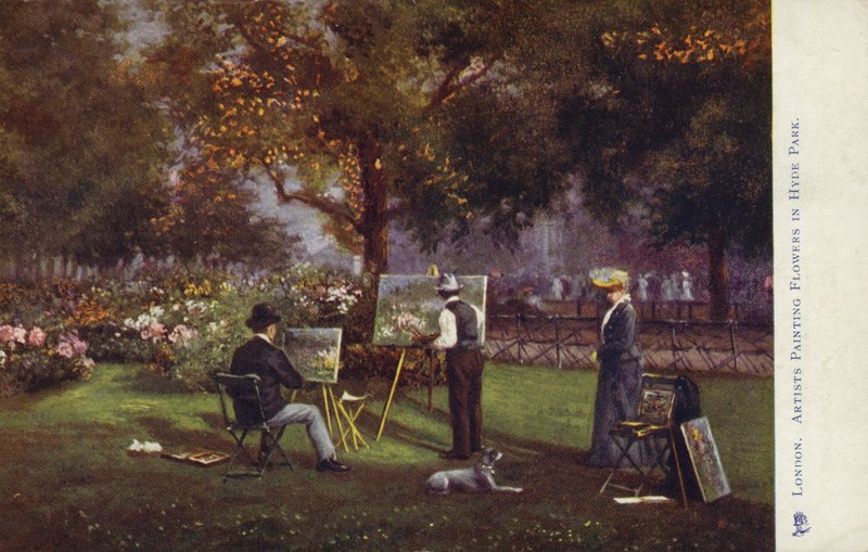 Artisti che dipingono fiori a Hyde Park, Londra da English School